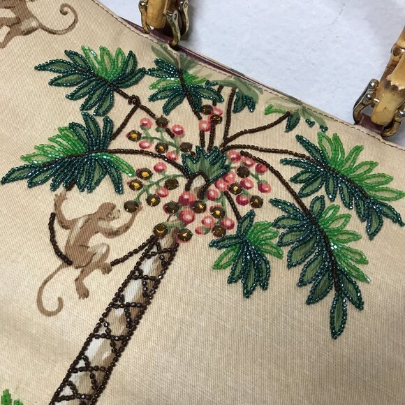 Isabella Fiori Vintage Monkey Palm Tree Tropical Beaded Hand Bag Bamboo Handles - Picture 2 of 16